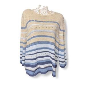 Alfred Dunner Coastal Grandma Core Blue Beige and White Sweater Preppy Vintage